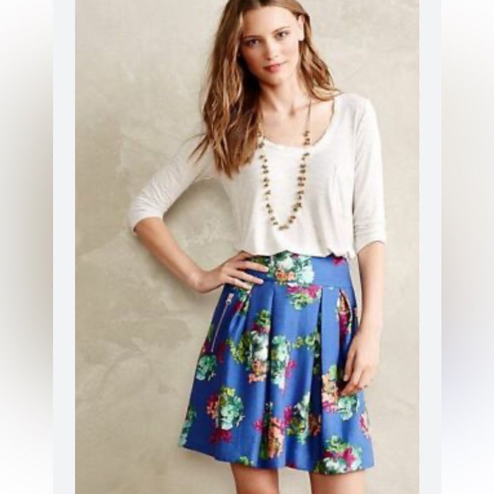 Maeve Anthropologie Blue Colorful Floral A Line Cotton Silk Mini Skirt